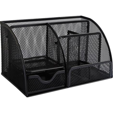 Porte-stylo avec tiroir – organiseur de bureau – maille métallique noire – (1/5)