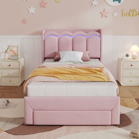 Cama tapizada infantil 90/200 cm rosa con cajón, LED controlable por aplicación y cabecero ondulado (1/5)