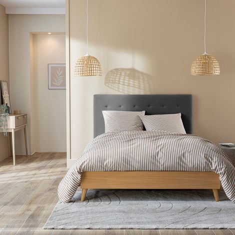 Lit 140x190 avec sommier et tête de lit capitonnée en velours gris (1/5)