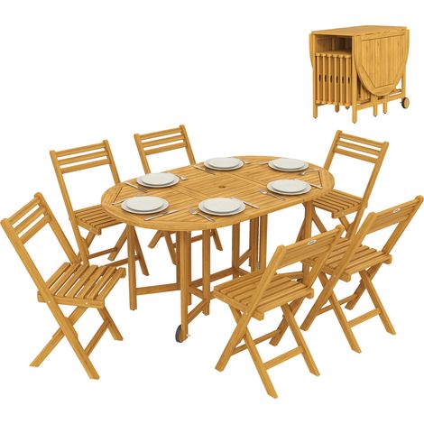 Juego de 7 piezas para el almuerzo, mesa de madera extensible y 6 sillas plegables para el jardín.