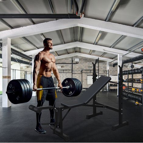 Klappbare olympische Hantelbank mit Squat-Rack, verstellbarer Rückenlehne, 150 kg, schwarz OKMYHOME (1/5)