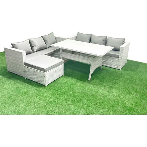 Fimous Rattan Garden Furniture Set 7 Seater Outdoor Sofa Set with Dining Table Big Footstool Light Grey Mixed (1/5)
