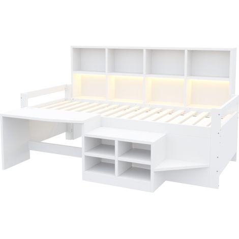 Letto singolo per bambini 90x200 cm con scrivania, contenitori e LED bianco MODENUIT (1/5)