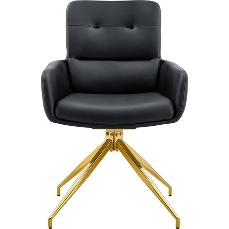 Ensemble salle à manger avec table ronde en verre trempé 85 cm et 4 chaises pivotantes noires et dorées en PU (1/5)