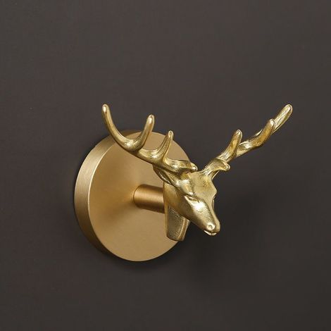 Porte-manteau mural en laiton tête de cerf, design luxe sans perçage avec adhésif, pour entrée chambre porte armoire, décoration animale (1/2)