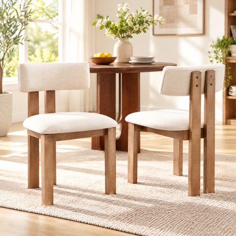 Wahson Lot de 2 chaises de salle à manger en lin beige – Dossier incurvé et coussin rembourré – Pieds en bois massif – Confort optimal pour salon et cuisine, Beige