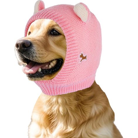 Cache-oreilles et cache-cou roses en tricot pour chien - Bonnet antibruit d'hiver pour soulager l'anxiété, bonnet apaisant pour chiens et chats (taille unique)