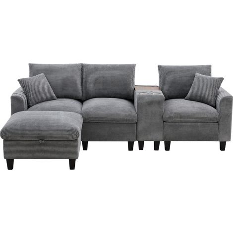 Modern L-Form Ecksofa, Umwandelbares Sofa mit Konsole, 2 Becherhaltern, USB Ladeanschlüssen, Armlehnen Aufbewahrungstasche und Kissen, Cord Stoff, Komfort Sofa für Wohnzimmer, Apartment, Kleine Räume (1/5)