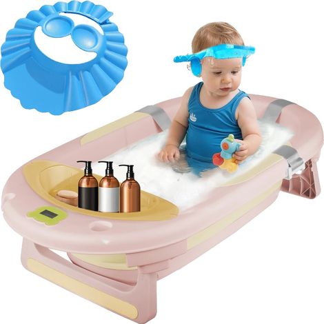 Bañera para bebé, diseño plegable, termómetro incorporado, rosa. (1/2)