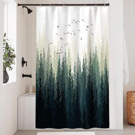 1 Rideau Douche, 120x180cm, Motif Paysage Forêt, Tissu Polyester Imperméable, Avec 8 Crochets, Pour Salle de Bain (1/5)