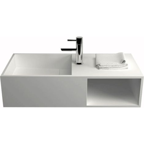 Meuble vasque suspendue 80x40cm – Résine minérale blanc mat – Rangement intégré – Installation murale sans trop plein – Ambra (1/5)