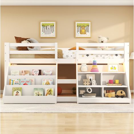 Hochbett 90x200 cm weiß aus Kiefernholz und MDF mit Stauraum, Sicherheitsgitter und LED-Beleuchtung (1/5)