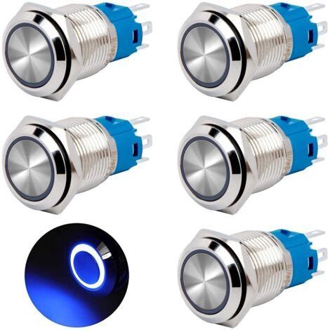 Bouton Poussoir Momentané 16mm Interrupteur Poussoir 12V/24V DC 3A Étanche Interrupteur à Bouton-poussoir en Laiton Chromé avec Lumière LED Anneau Bleu 5 Pièces (1/5)