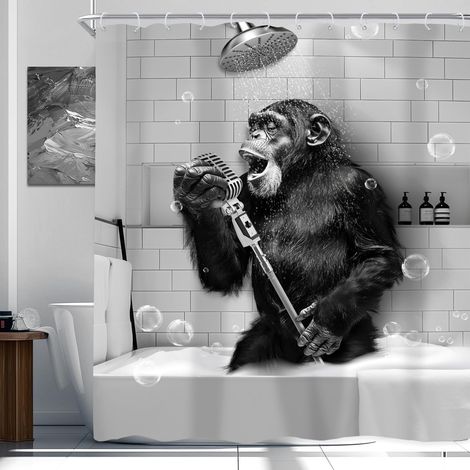 Rideau de Douche Singe Amusant 183 x 183 cm Noir et Blanc Chimpanzé Chantant dans la Baignoire pour Hommes, Enfants, garçons, Salle de Bain Moderne Imperméable Accessoires de (1/5)
