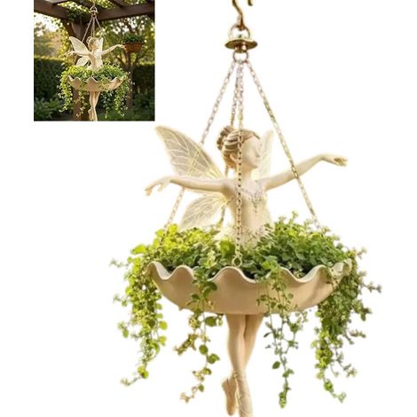 Cache-pot suspendu représentant une fée dansante aux ailes déployées – un cache-pot décoratif façon ballerine,adapté aux plantes grasses et aux petites fleurs (Dimensions : 10 x 10 x 17 cm) (1/5)