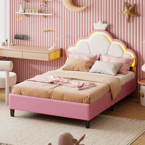 FOERPL-Mädchenbett 90 x 200 cm mit kronenförmigem Kopfteil, Einzelbett für Kinder mit verstellbarer LED-Beleuchtung, Prinzessinnenbettgestell Polsterbett mit Lattenrost rosa gestepptes Bett