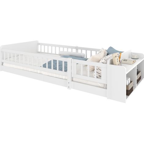 Lit enfant 90x200 bois pin blanc rangement étagères sans matelas (1/5)