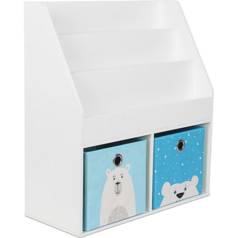 Estantería Relaxdays para niños, HBT: 79 x 72 x 30,5 cm, 3 estantes para libros, 2 cajas de juguetes, infantil, blanca