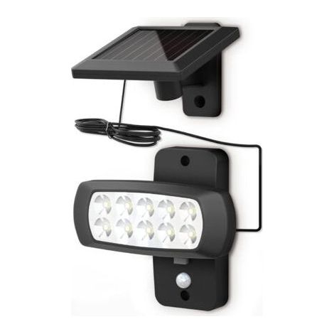 Lampe solaire LED extérieur IP44, détecteur de mouvements PIR, projecteur mural maison terrasse balcon noir, protégé contre des éclaboussures, lumière blanche froide 6500K (1/5)