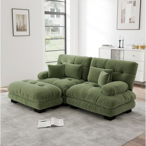 Sofá rinconero modular verde de chenilla con 2 cojines lumbares y 2 decorativos (1/5)