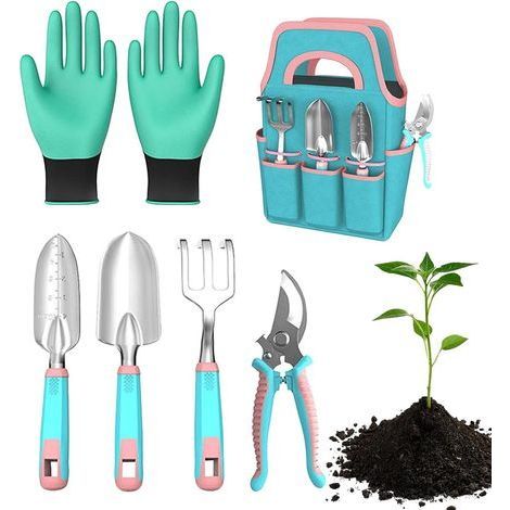 Gartenwerkzeug-Set – Pflanzkelle (40 x 21,6 cm), Rechen, Gartenhandschuhe, Gartenschere, Handgartenwerkzeuge aus Oxford-Gewebe und Aluminium, inklusive Tragetasche für Rasen, Garten und Terrasse (1/5)