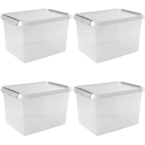 Set of 4 15L Storage Boxes, Clip-on Lids, Polypropylene Plastic, Transparent Gray, for Bed, Clothes, Toys (1/4)