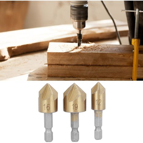Outil de travail du bois 3 pièces, fraise à chanfreiner, tige hexagonale dorée en acier rapide, 5 cannelures, angle de 90°, 12 mm-19 mm (1/5)