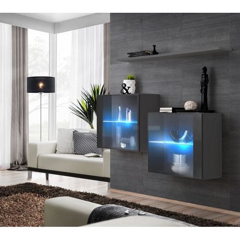 Commode - Switch SB III - 2 vitrines LED - 1 étagère - Graphite - Livraison gratuite