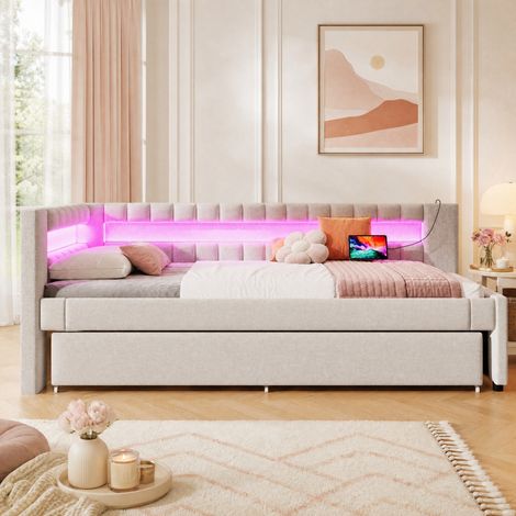 Tagesbett 90x200 cm Beige aus Leinen mit ausziehbarem Bett, LED-Lichtleiste und USB-/Typ-C-Anschluss (1/5)