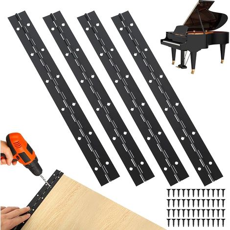 4 Pcs Charniere Piano, 30 cm Charnière Piano, Charniere Inox Continues pour portes d'armoires, pianos et fenêtres, avec vis (noir) (1/5)