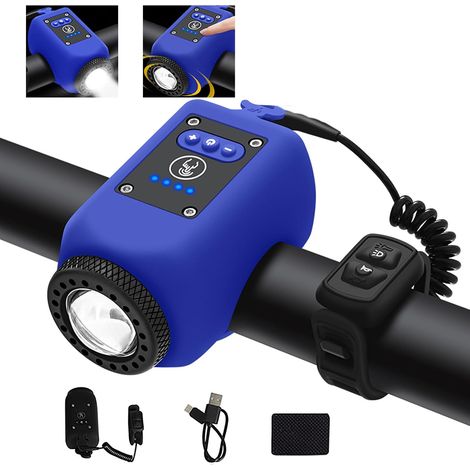 Bocina electrónica para bicicleta con luz, minitimbre eléctrico con 6 sonidos, luz frontal recargable por USB-C, volumen ajustable, 4 modos de iluminación, resistente al agua, color azul (1/5)