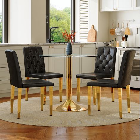 Set tavolo e sedie da pranzo rotondo in vetro 85 cm, 4 posti, nero e oro HAVRYA (1/5)
