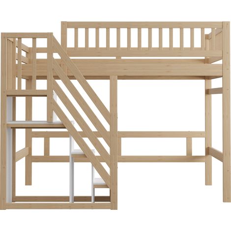 Lit mezzanine 140x200 en bois massif, lit enfant avec escalier de rangement, barrière haute, lit adolescent couleur bois naturel. (1/5)