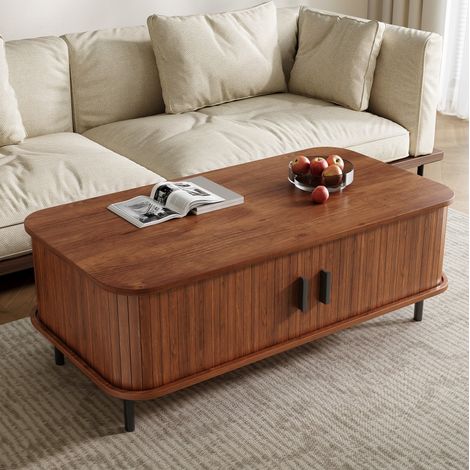 Mesa de centro rectangular con puertas correderas y almacenamiento 100 x 50 x 45 cm nogal DESVIAE (1/5)