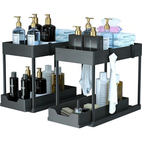 Panier Organisateur Sous Évier - 2 Niveaux Avec Tiroir Coulissant - Pour Cuisine Salle De Bain Placard - En ABS Et Tube Acier - Noir - 2 Pièces (1/5)