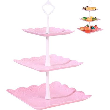 1 pièce Présentoir à gâteaux à 3 niveaux Présentoir à thé rose de l'aprèsmidi, tasse carrée en plastique pour gâteaux, fruits, desserts, assiettes de service réutilisables pour anniversaire, mariage, (1/5)
