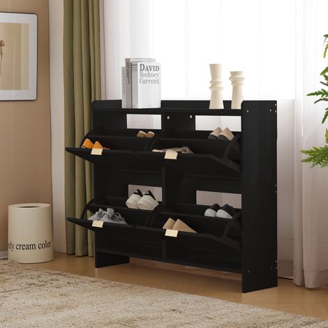 Zapatero - 110 x 90 x 24 cm - 4 compartimentos con puertas abatibles - estantes abiertos - para entrada - negro (1/5)
