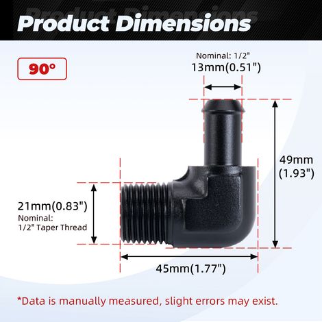 Aluminum 45°/90° hose barbed push-in oil/gas pipe reducer adapter - 1/2-1/2-90° (1/4)