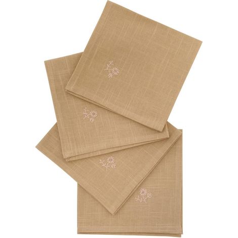Lot de 4 Serviettes de Table Brodé "Joy" 40x40cm Beige Lin (1/3)