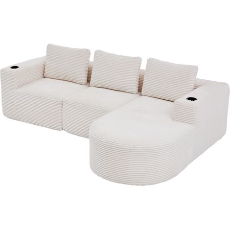 Canapé 2 places beige en tissu, double confort haute densité, 3 coussins et 2 porte-gobelets, idéal pour petit salon, appartement ou bureau, gain de place - CHICFURN (1/5)