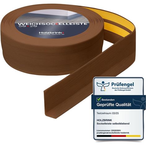HOLZBRINK Weichsockelleiste selbstklebend PVC 50x20mm, 5 m Winkelleiste für Küchenarbeitsplatte, Bodenbelag Eckleiste selbstklebend Farbe: Eiche Dunkel