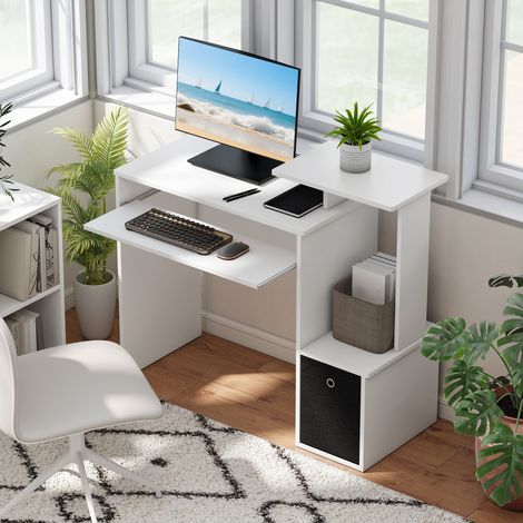 Bureau moderne avec tablette pour clavier et tiroir en tissu. 100 x 40 x 86,6 cm. Noir et blanc. (1/5)