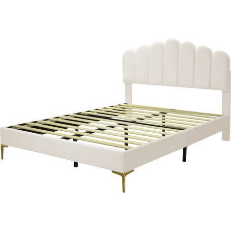 Lit rembourré en MDF et velours beige 140x200 cm avec tête de lit réglable et sommier à lattes (1/5)