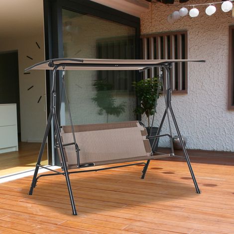 Sedia a dondolo da giardino Outsunny a 2 posti con parasole, tettuccio regolabile in angolazione, per patio, balcone, uso esterno, portata massima 200 kg, 172x110x155 cm, marrone