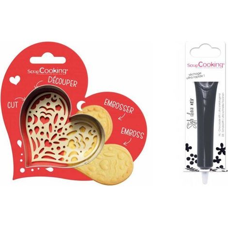 Kit pour biscuit en relief Coeur + Stylo au chocolat noir