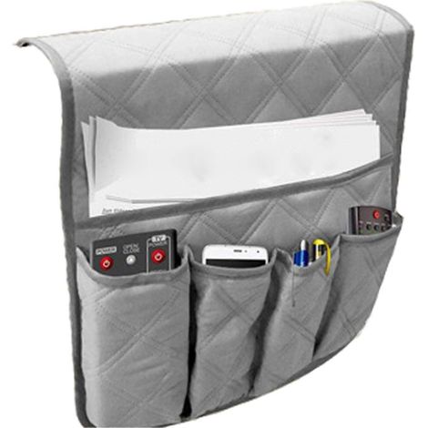 Sac de rangement gris pour accoudoir de canapé avec poches  peut contenir des téléphones portables, des magazines et des télécommandes. (1/5)