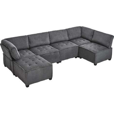CHICFURN Divano modulare 6 posti 308x154x82 cm in cord grigio, a U o L, trasformabile letto (1/5)