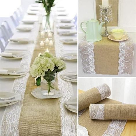 Chemin de Table Toile de Jute Dentelle - 5 pcs 30 x 275cm Rouleau Jute Dentelle Decoration de Table Champêtre (1/4)