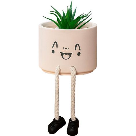 Pot de fleurs créatif en céramique en forme d'emoji avec pieds suspendus - sourire timide + aloe vera artificiel à fines feuilles
