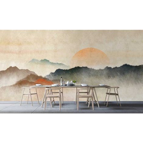 Papier peint panoramique paysage montagne original Tapisserie panoramique idéale pour bureau Papier peint panoramique coucher de soleil pour salon (1/3)